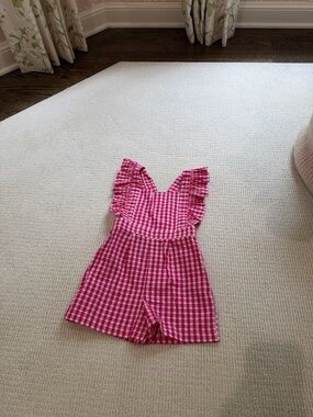 Bella Bliss pink and white gingham ruffle romper size 5